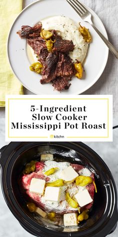 the ingredients for slow cooker mississippi pot roast are shown in this collage with text that reads, 5 ingredient slow cooker mississippi pot roast