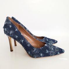 Nine West Dark Blue Denim Pointy Pump Heels. Floral Print And Distressed Look. Very Unique Never Worn. Don't Have Original Box. Only The Soles Show A Bit Of Wear Due To Trying On. In Excellent Clean Condition And Comes From A Smoke Free Home. Size 7 1/2. Blue Denim Heels With Pointed Toe, Spring Denim Blue Pointed Toe Heels, Denim Blue Fitted Heels With Round Toe, Casual Denim Blue Pointed Toe Heels, Blue Fabric High Heels, Heels Floral, Pointy Pumps, Denim Heels, Pump Heels