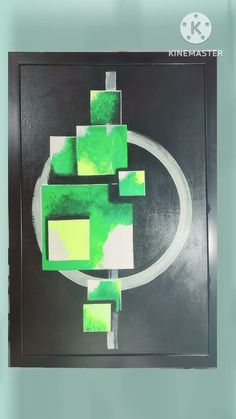 a painting with green squares and white circles