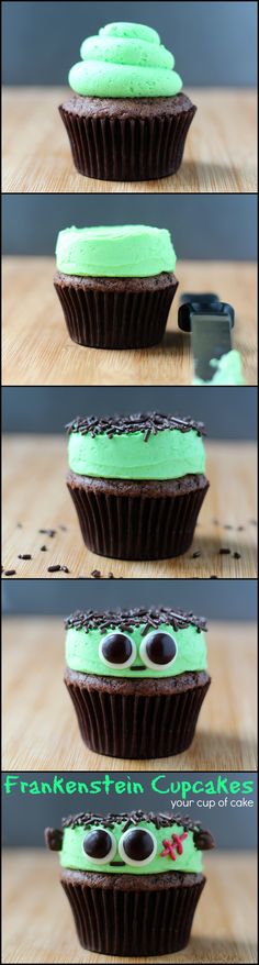 three pictures of cupcakes with green frosting and googly eyes on them