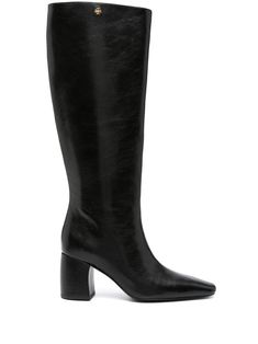 black calf leather pointed toe knee-high logo plaque branded leather insole side zip fastening 70mm block heel Tall Boots Black, Black Boots Tall, Tall Boots, Calf Leather, Side Zip, Leather Boots, Knee High, Block Heels, Tory Burch