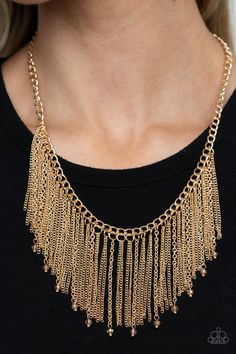 Sporadically dotted in golden crystals, a mismatched collection of shimmery gold chains swings from the bottom a classic gold chain below the collar, creating a tapered fringe. Features an adjustable clasp closure.

 Sold as one individual necklace. Includes one pair of matching earrings. Tapered Fringe, Chain Jewelry Ideas, Fringe Necklace, White Crystals, Ball Necklace, Silver Chains, Necklace Pendants, Paparazzi Accessories, White Rhinestone