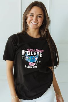 World Tour tee - Sigma Kappa – Spikes and Seams Greek Sorority Names, Sorority Tees, Recruitment Shirts, Alpha Sigma, Alpha Omega, Sigma Alpha, Alpha Sigma Alpha, Big Little Reveal, Alpha Chi Omega