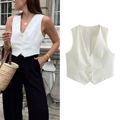 TRAF Short Women Vest Top V-Neck Sleeveless Button Lady Waistcoat New In 2024 Spring Summer Fashion 2024 Spring Summer Fashion, Ladies Waistcoat, Vest Tops Women, Women Vest, 2024 Spring Summer, Short Women, Elegant Office, Women Coat, Chic Casual