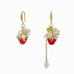 These earrings are meticulously handcrafted in our London studio. Each earring features a charming beaded strawberry adorned with a single baroque pink pearl, adding a touch of elegance to the playful design. The earrings are intentionally made with varying lengths to create a striking visual impact. Perfect for those who embrace sweetness and charm in their style, these earrings are a delightful addition to any jewelry collection. Details: Composition: 925 silver/gold-plated brass/pearl/glass Avoid exposure to harsh chemicals, such as perfume, hairspray, and cleaning agents. Store your metal jewelry in a dry and cool place to prevent tarnishing. Use a soft cloth to gently clean your jewelry after each wear to remove dirt and sweat. If your jewelry becomes tarnished, use a specialized clea Beaded Strawberry, Pearl Dangle Earrings, August Birthstone Jewelry, Beaded Jewellery, July Birthstone Jewelry, Jewellery Inspiration, Zodiac Jewelry, Gifts For New Mums, Jewelry Ring Box