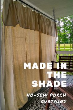 a porch swing with the words made in the shade over it and an image of a bench