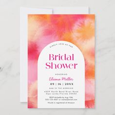 the watercolor bridal shower card is displayed on a white surface with pink and orange colors