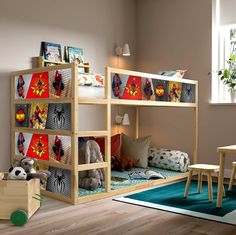 a child's bedroom with bunk beds and toys