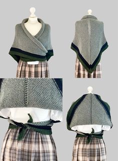 three different views of a woman's sweater and skirt, with the same pattern on it