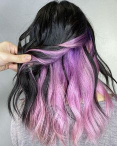 Purple Under Layer Hair, Peekaboo Color On Natural Hair, Lilac Peekaboo Highlights, Brunette With Peekaboo Color, Colorful Peekaboo Hair, Brunette Peekaboo Highlights, Dark Hair With Peekaboo Color, Black Hair Peekaboo Highlights, Pastel Peekaboo Hair