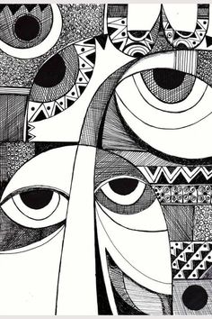 an artistic drawing with black and white lines on paper, depicting the eyes of two people