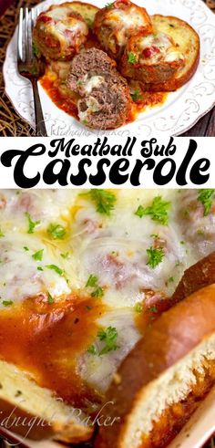 meatball sub casserole with melted cheese and parmesan bread on the side