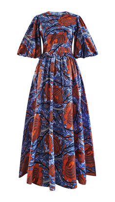 BLUE SUN- AFRICAN COTTON PRINT DRESS - Rahyma Official Outfits, Blue Sun Dress, Simple Dress Styles, Cotton Print Dress, Afrocentric Clothing, Kitenge Designs, Bday Shoot, Long African Dresses, African Print Clothing