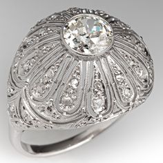 Circa 1920's Old European Cut Diamond Dome Ring Platinum 1920s Ring, Dome Ring, Bead Set, Deco Jewelry, Domed Ring, European Cut Diamonds, Rose Cut Diamond, Cocktail Rings, Rose Cut