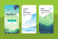 three mobile phone screens with the text need vacation? and an airplane flying over mountains