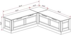 a drawing of a corner desk with drawers and cabinets in the front, side view