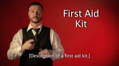 a man standing in front of a red background with the words first aid kit on it