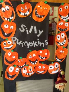 a bulletin board decorated with pumpkins and the words silly pumpkins written on it