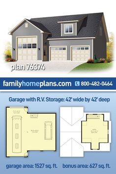 two story house plan with garage and living room in the middle, three car garage