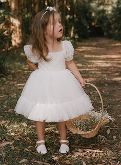 Fabric: Tulle Silhouette: A-Line/Princess, Ball Gown Neckline: Square Neck Hemline/Train: Knee-Length Embellishment: Bowknot Sleeve: Short Sleeves Shown Color: White Bryony Flower, Flower Girl Dresses Toddler, Simple Flower Girl, Simple Flower Girl Dresses, Toddler Flower Girl Dress, Flower Girl Outfits, Ivory Flower Girl Dress, Wedding April, Tulle Flower Girl Dress