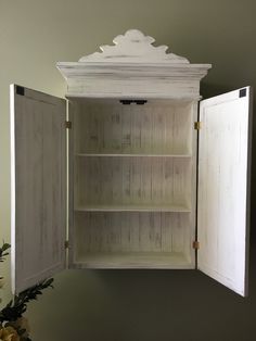 an open cabinet with white painted doors and shelves on the wall next to a potted plant