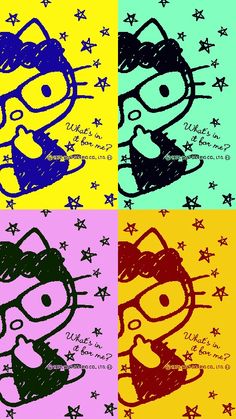 four different colored hello kitty pictures with stars in the background and one has glasses on it