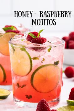 raspberry mojitos with limes and strawberries on the side