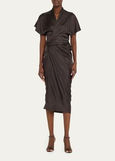 Rick Owens Short-Sleeve Wrap Midi Dress - Bergdorf Goodman Knee Wraps, Evening Flats, Evening Jackets, Wrap Midi Dress, Sleepwear & Loungewear, Satin Dress, Lingerie Sleepwear, Flutter Sleeves, Ulla Johnson