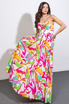 This printed woven maxi dress boasts a tank bodice with a striking center cut-out, a beautifully pleated skirt, and a smocked back bodice for a flawless fit.Details:Self : 100% PolyesterLining : 100% PolyesterSize & Fit- Model is 5`7" And Wearing Size Small- Measurements Taken From Size Small- Approx. Length: 59" Multicolor V-neck Maxi Dress With Smocked Back, Flowy Multicolor Sundress With Smocked Back, Multicolor Sundress With Smocked Back And Flowy Fit, Multicolor Flowy Sundress With Smocked Back, Summer Maxi Dress With Pleated Bodice And Spaghetti Straps, Summer Maxi Dress With Spaghetti Straps And Pleated Bodice, Multicolor Smocked Back Maxi Sundress, Spring White Maxi Dress With Pleated Bodice, Multicolor Maxi Sundress With Smocked Back