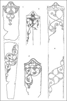 four different types of ironwork designs on white paper, each with an ornate design