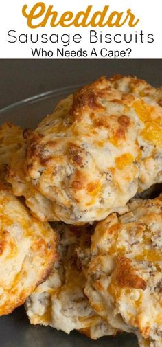 cheddar sausage biscuits are stacked on top of each other