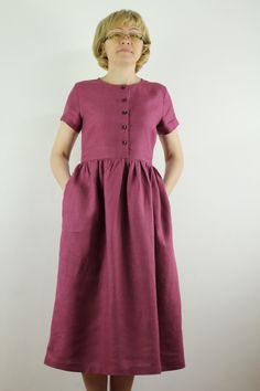 "Spring dress, Write the selected color in the message Linen women dress, summer dress. Handmade fuchsia linen dress with short or 1/2 long sleeves and 2 pockets , perfect for casual wear and suitable for any occasion in any season Details: - 100% natural linen produced in Europe ; - medium weight (180 gram per square meter); - color: fuchsia, could be any from our colors catalog (color samples at the photo); Made to order, approximately a few days, If you have any questions please message me an Linen Casual Dress, Linen Dresses For Women, Linen Summer Dress, Natural Linen Dress, Color Catalog, Linen Dress Women, Linen Summer, Summer Linen Dresses, Dress Linen