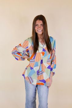 Laying your eyes on this adorable top is like laying your eyes on paradise! It includes a v neckline with a placket, 3/4 sleeves, and a mix print that includes colors of blue, green, and orange. This top is slightly flowy. Pair it with Judy Blue Jeans and sandals for a Spring season look! Arté is wearing a size small. Nicole is wearing a size 1XL. Size Measurements: Small: Bust: 21 inches across the front | Length: 28 inches Medium: Bust: 22 inches across the front | Length: 28.5 inches Large: B Colors Of Blue, Judy Blue Jeans, V Neckline, Mixing Prints, Spring Season, Print Blouse, Small Bust, Green And Orange, Printed Blouse