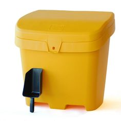 a yellow plastic box with a black handle