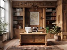 an office with wood paneling and lots of bookshelves, plants, and a desk