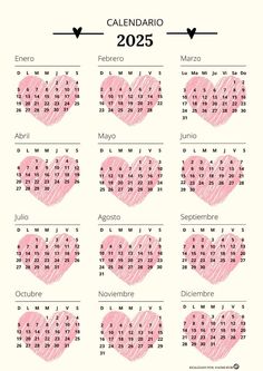 a calendar with hearts drawn on it and the date for each month in spanish language