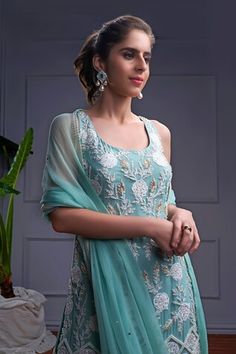 Powder blue sleeveless U neck kurta with gullista bloom embroidery using sequin, pearl highlights. Paired with a sharara and an embroidered border dupatta. - Aza Fashions Unstitched Sleeveless Dress For Eid, Sleeveless Anarkali Set With Dupatta For Summer, Traditional Sleeveless Anarkali Set For Summer, Sleeveless Traditional Anarkali Set For Summer, Sleeveless Summer Anarkali Set For Designer Wear, Summer Sleeveless Traditional Anarkali Set, Sleeveless Kurta For Summer Weddings, Blue Anarkali Sleeveless Set, Blue Sleeveless Kurta For Festive Occasions