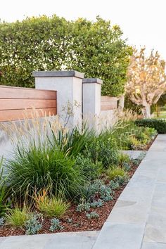 an outdoor garden with various plants and shrubs on the side walk, along with a wooden fence