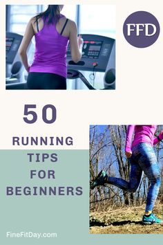 a woman running on a treadmill with the words 50 running tips for beginners