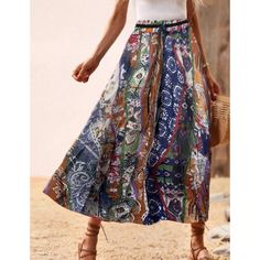 Navy Blue Bohemia Print High Waist Skirt Flowy Ankle-length Skirt For Vacation, Blue Flared Maxi Skirt For Vacation, Bohemian Blue Bottoms For Summer, Summer Bohemian Blue Bottoms, Blue Flared Maxi Skirt With Elastic Waistband, Bohemian High Waist Floral Print Skirt, Bohemian Skirted Bottoms In Blue, Bohemian Blue Skirted Bottoms, Multicolor Non-stretch Maxi Skirt For Beach