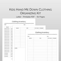 the kids hand me down clothing organizing kit is shown in three different sizes and colors