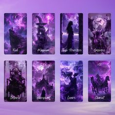 six different cards with the names of each character in front of purple clouds and lightning