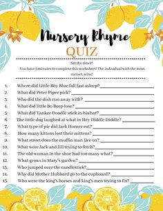 a printable question card with lemons and leaves on it, which reads nursery empire quiz