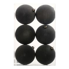 six black balls in a clear box with metal studs on the bottom and sides