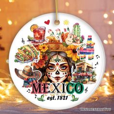 a ceramic ornament with a mexican woman's face and food on it