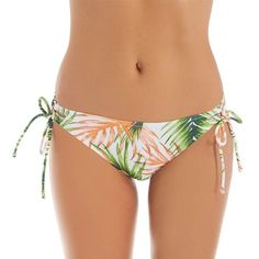 Raisins Sweet Side Bikini Swim Bottom Color: White Green Blue Pink Size: Small Palm Pattern Side-Tie Adjuster Accents Cheeky Coverage Style Hand Wash Only Beach Season Swimwear With Side Ties For Beach Party, Tropical Print Tie-side Swimwear For Sunbathing, Beachy Swimwear With Side Ties For Pool, Summer Swimwear With Side Ties For Vacation, Beachwear Swimwear With Side Ties For Vacation, Spring Vacation Swimwear With Side Ties, White Adjustable Tie Back Swimwear, White Adjustable Tie-back Swimwear, Multicolor Swimwear With Side Ties For Vacation