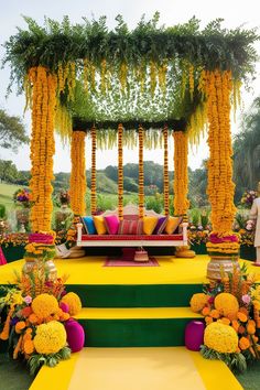 The image showcases a vibrant and elegant Indian wedding Haldi function decor, featuring a captivating blend of traditional and modern elements. Elegant Haldi Decor, Groom Haldi, Elegant Indian Wedding, Country Chic Wedding Decorations, Beauty Room Salon, Haldi Function, Haldi Decor