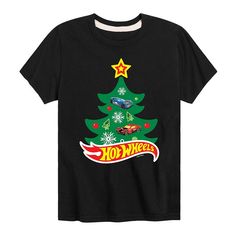 a black t - shirt with a christmas tree and hot wheels logo on the front