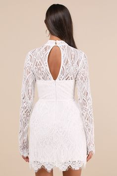 Let everyone know you're the cutest in the room when you arrive in the Lulus Gorgeous Attraction White Lace Structured Long Sleeve Mini Dress! Romantic sheer lace shapes this stunning dress that has long sleeves (with eyelash lace trim) and a mock neckline with loop button closures at back. Sheer decolletage tops a darted bodice with hidden no-slip strips and a fitted waist. Skirt has a chic, structured design (with a reinforced tulle underlayer) as it falls to an eyelash lace mini hem. Hidden z Fitted Mini Dress With Lace Patchwork For Brunch, Mini Lace Dress With Lace Back, Fitted Long Sleeve Lace Dress With Lace Back, Fitted Delicate Lace Mini Dress, Fitted Lace Mini Dress With Scalloped Lace, Fitted Lace Patchwork Dress For Brunch, Feminine Fitted Lace Dress With Lace Back, Long Sleeve Lace Dress With Lace Back, Long Sleeve Lace Mini Dress With Scalloped Lace