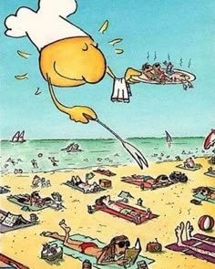 a cartoon character flying through the air over a beach filled with people and umbrellas